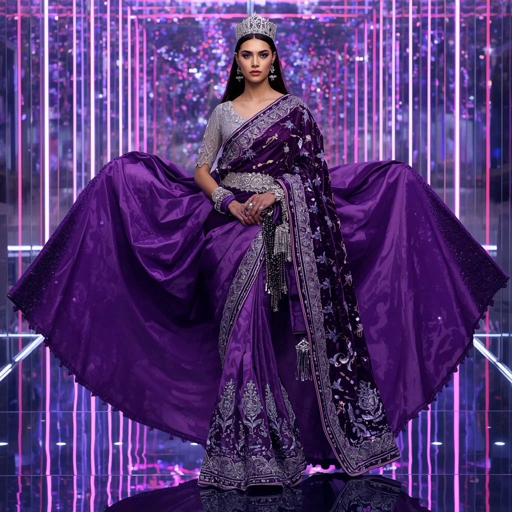 Amethyst Prism Queen Saree with Holographic Jewel Crown Hall | instagram trending prompt copy and paste - Best 10 Artistic Child Saree AI Prompts for Digital Mixed Media Art AI Prompt