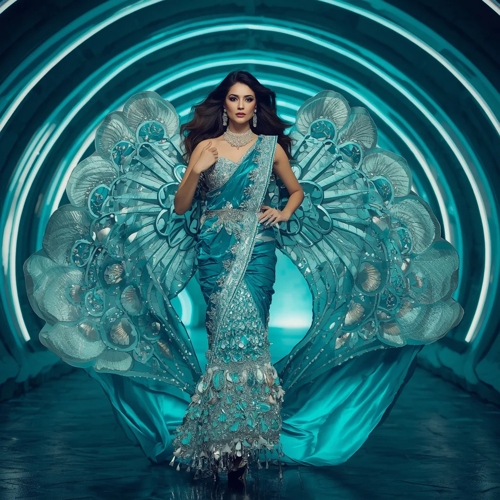 Aqua Ocean Crystal Wing Saree with Illuminated Wave Crown Hall | instagram trending prompt copy and paste - Top 10 Modern Teen Saree AI Prompts for Urban Street Photography AI Prompt