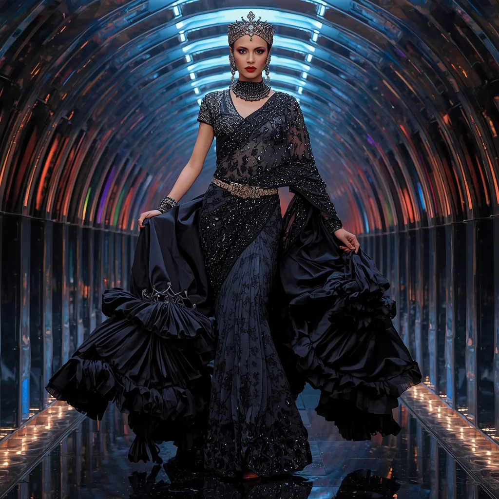 Black Diamond Imperial Crown Saree with Infinity Prism Crystal Crown Hall | trending prompt in instagram - Top 10 Modern Teen Saree AI Prompts for Urban Street Photography AI Prompt