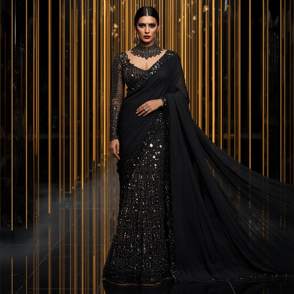 Black Obsidian Empress Saree with Golden Infinity Crystal Fortress | gemini traditional saree prompt in english - Classic Jamdani Saree AI Image Prompts for Elegant Artistry AI Prompt