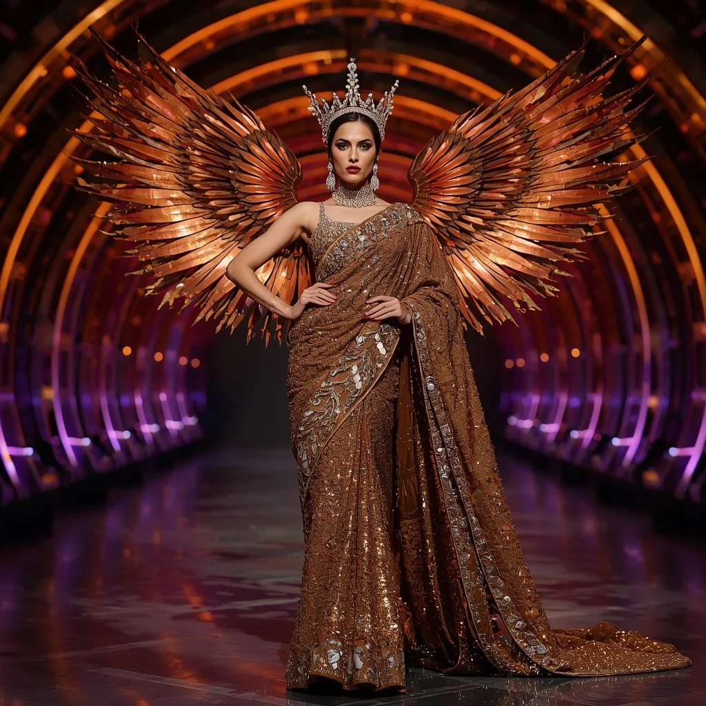Bronze Firebird Crystal Crown Saree with Curved Ember Crown Hall | saree pose ai prompt - Top 10 Modern Teen Saree AI Prompts for Urban Street Photography AI Prompt