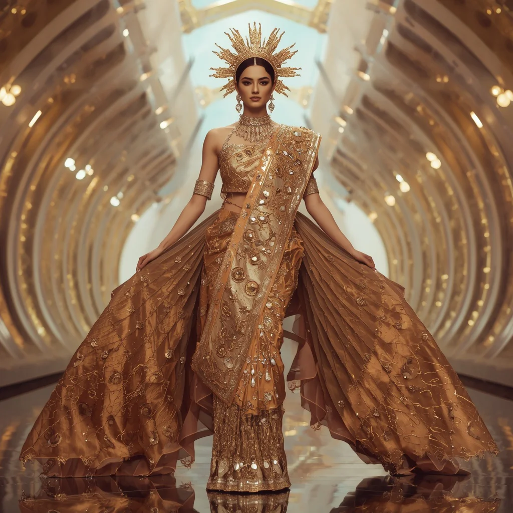 Celestial Golden Sun Crown Empress Saree with Radiant Palace of Infinite Eternal Divine Cosmic Light | traditional saree prompt pdf - Glamorous Brocade Silk Saree AI Prompts for Opulent Celebrations AI Prompt