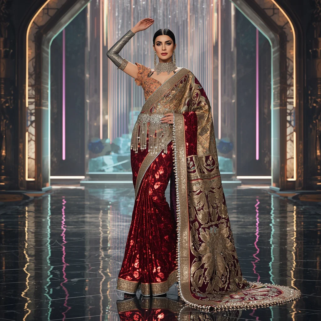Celestial Lotus Diamond Empress Saree with Floating Aurora Crystal Palace | prompts for saree look - Classic Jamdani Saree AI Image Prompts for Elegant Artistry AI Prompt