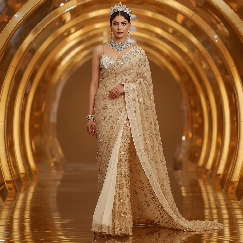 Champagne Diamond Waterfall Crown Saree with Golden Reflection Crystal Crown Hall | gemini traditional saree prompt pdf - Top 10 Modern Teen Saree AI Prompts for Urban Street Photography AI Prompt