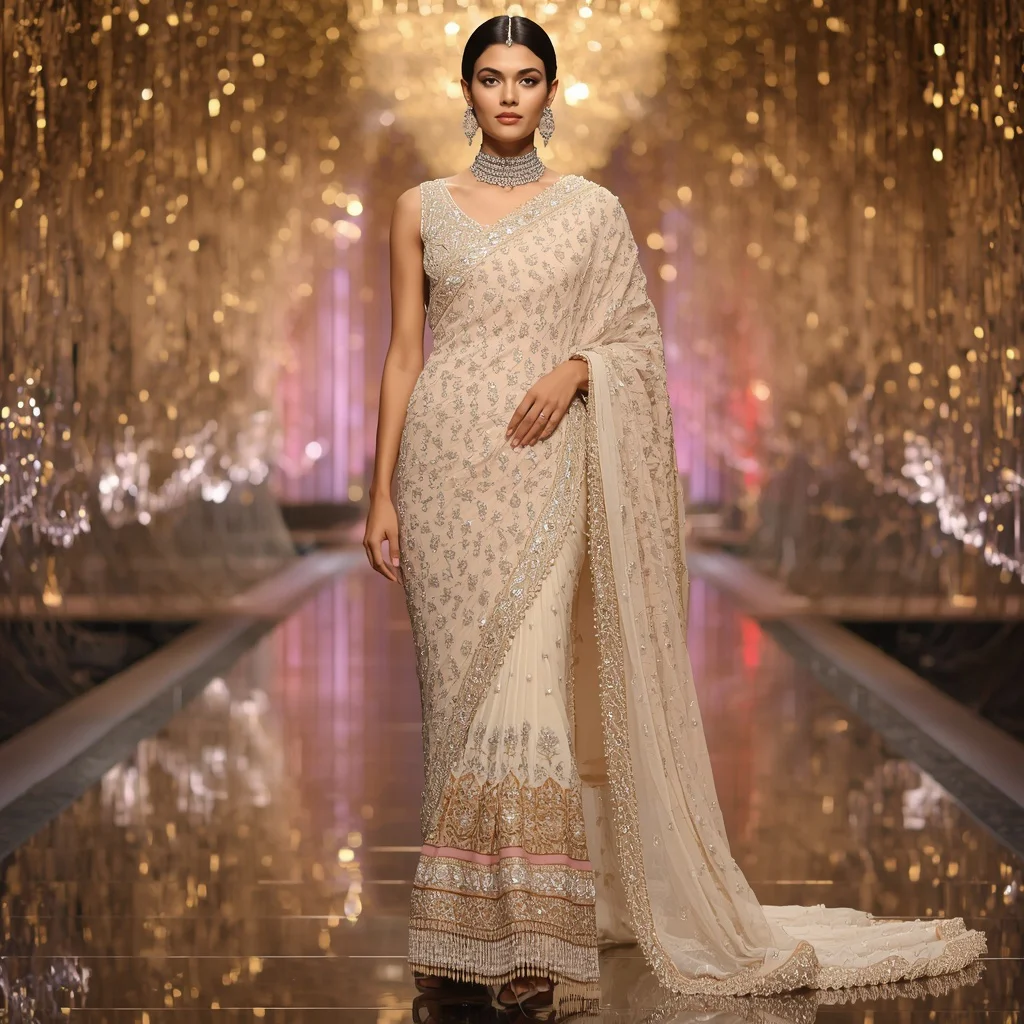 Champagne Pearl Waterfall Saree with Crystal Chandelier Wave Palace | ai prompt text to image - Classic Jamdani Saree AI Image Prompts for Elegant Artistry AI Prompt