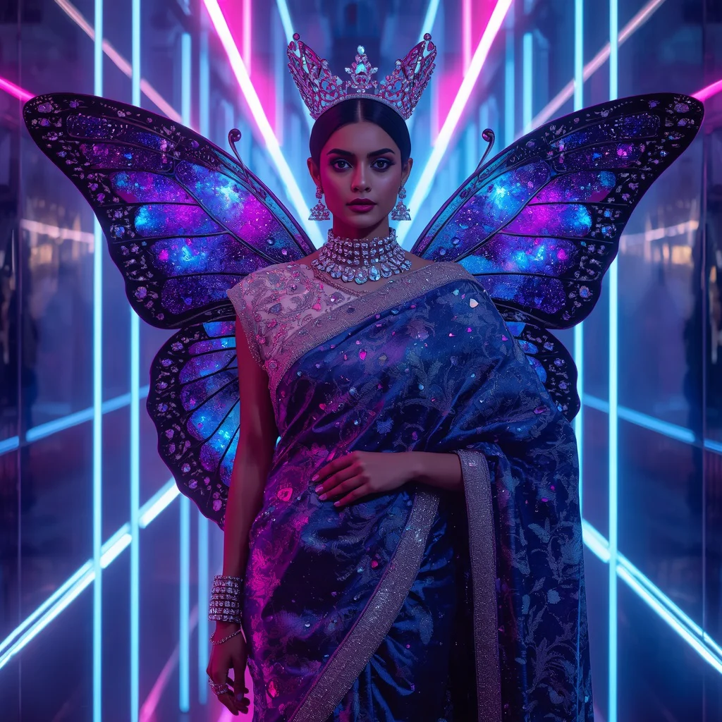 Chrome Butterfly Crown Nebula Saree with Neon Galaxy Boulevard | best prompt for ai image generator free - Top 10 Charming Teen Saree AI Image Prompts for School Talent Shows AI Prompt