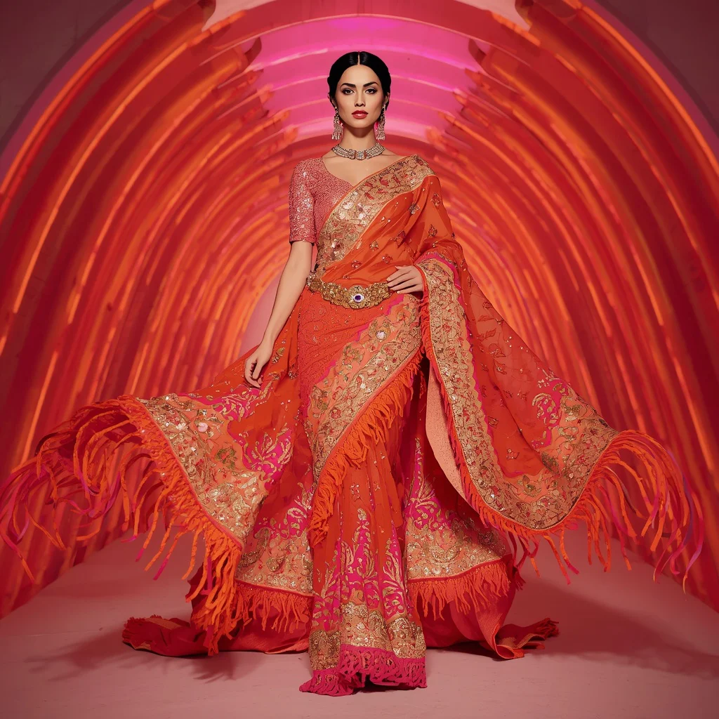 Coral Sunset Aurora Wave Saree with Neon Horizon Crown Hall | bridal saree ai prompt - Best 10 Artistic Child Saree AI Prompts for Digital Mixed Media Art AI Prompt