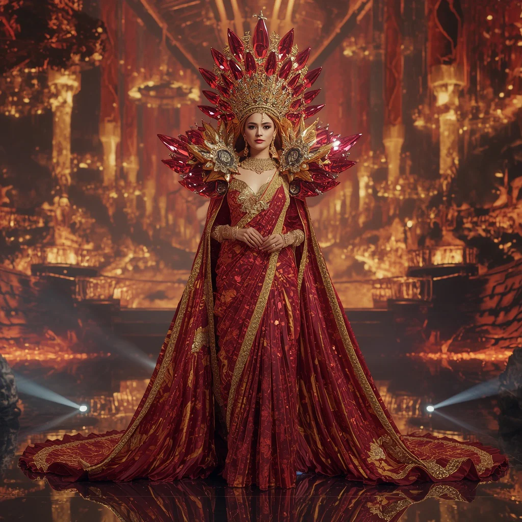 Crystal Crown Volcano Saree with Imperial Fire Kingdom | prompt seen girl ai photo editing - Best 10 Serene Child Saree AI Prompts for Lakeside Meditation Photography AI Prompt