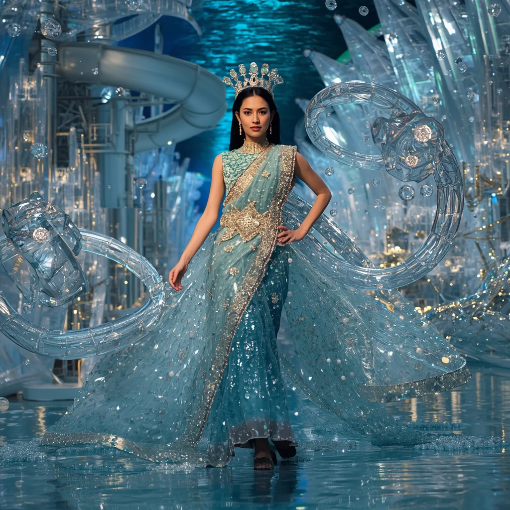 Crystal Crown Water Slide Saree with Festival Aqua Kingdom | prompt seen girl saree ai photo editing - Ethereal Silk Organza Saree AI Prompts for Delicate Charm AI Prompt