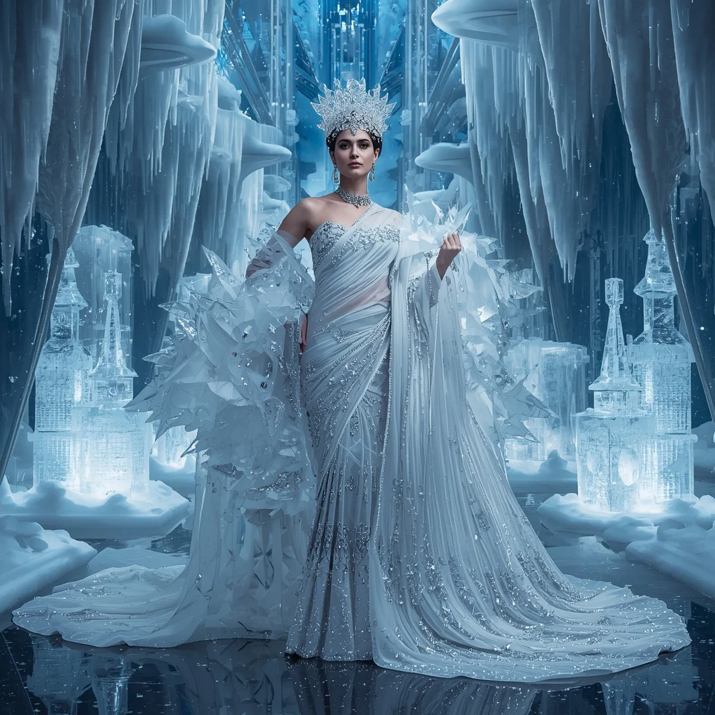 Crystal Ice Crown Saree with Frozen Palace Labyrinth | viral prompt - Professional Solid Saree AI Image Prompts for Executive Elegance AI Prompt