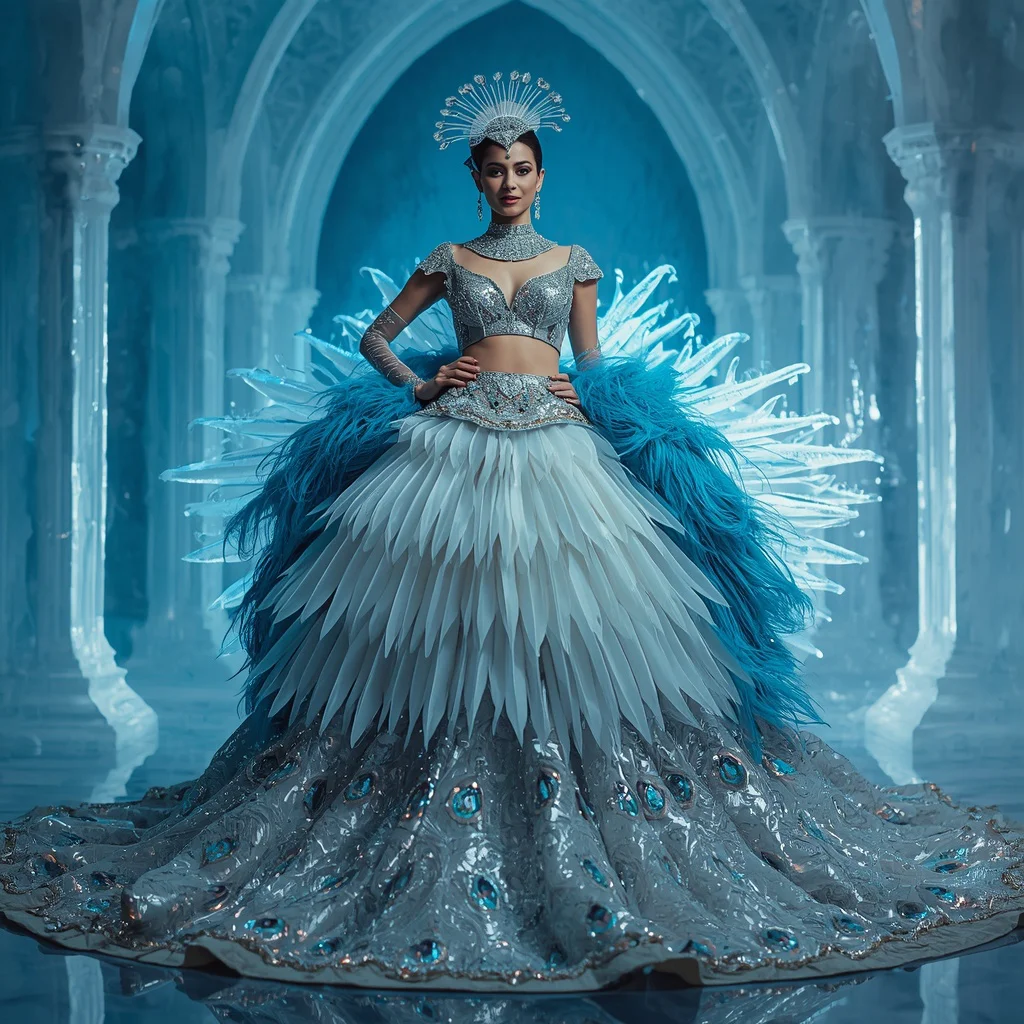 Crystal Ice Peacock Saree with Frozen Fantasy Palace | saree prompt for chatgpt ai - Charming Young Girl Saree AI Image Prompts for Vibrant Cultural Portraits AI Prompt