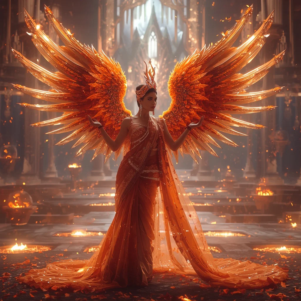 Crystal Phoenix Blade Saree with Floating Fire Cathedral Empire | trending purple saree prompt today - Professional Solid Saree AI Image Prompts for Executive Elegance AI Prompt