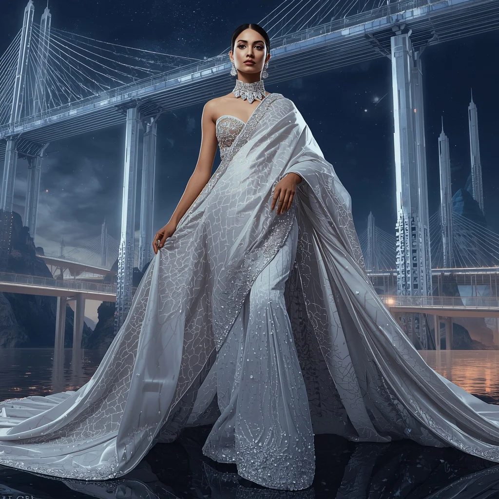 Crystal Viaduct Saree with Floating Bridge Megaverse | ai prompt text generator - Top 10 Charming Teen Saree AI Image Prompts for Historical reenactments AI Prompt