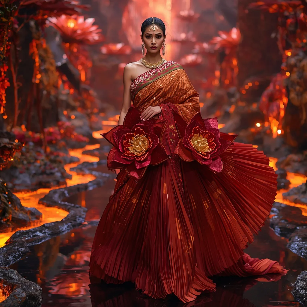 Crystal Volcano Bloom Saree with Floating Magma Flower Sanctuary | prompt for gemini girl style trending - Top 10 Charming Teen Saree AI Image Prompts for Historical reenactments AI Prompt