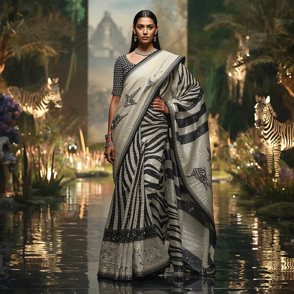 Crystal Zebra Mirage Saree with Safari Dream Empire | new trending prompt chatgpt link - Best 10 Serene Child Saree AI Prompts for Lakeside Meditation Photography AI Prompt