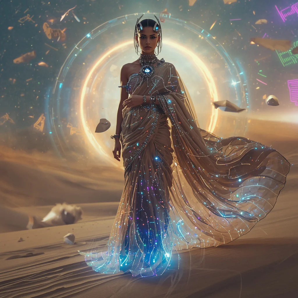 Cyber Sand Leviathan Saree with Digital Desert Ocean Collapse Singularity Nexus Gate Core | prompt for saree for wedding - Best 10 Elegant Saree AI Prompts for Modern Indian Women's Editorial Photoshoots in Urban Settings AI Prompt