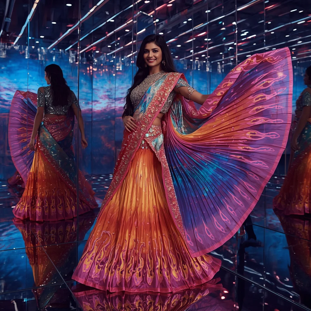Designer Rainbow Prism Flame Saree Look with Cosmic Mirror Palace Background | chatgpt prompt for saree look for girl - Best 10 Artistic Child Saree AI Prompts for Digital Mixed Media Art AI Prompt