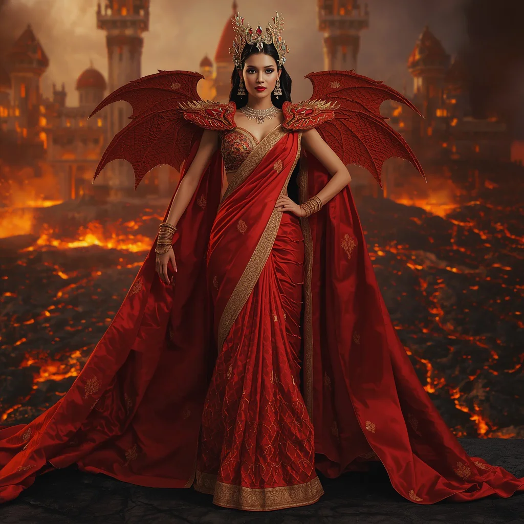 Dragon Fire Empress Saree with Lava Castle Background | new ai prompt girl aesthetic - Traditional Mysore Silk Saree AI Image Prompts for Southern Charm AI Prompt