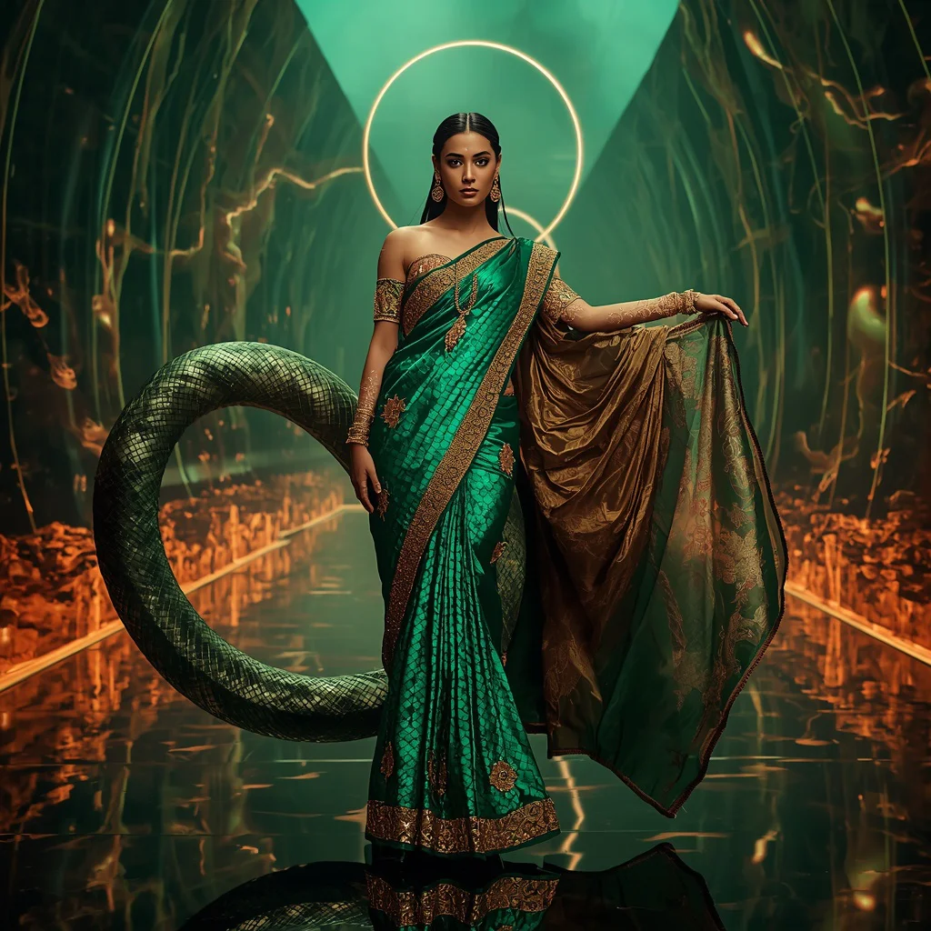 Emerald Inferno Serpent Saree with Floating Lava Halo | photo prompt trending - New 10 Bollywood Glam Saree AI Prompts for Celebratory Indian Festive Wear Photography AI Prompt