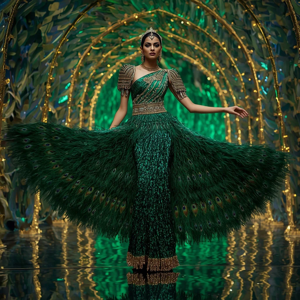 Emerald Peacock Crown Saree with Holographic Feather Cathedral | trending saree prompt for girl - Classic Jamdani Saree AI Image Prompts for Elegant Artistry AI Prompt