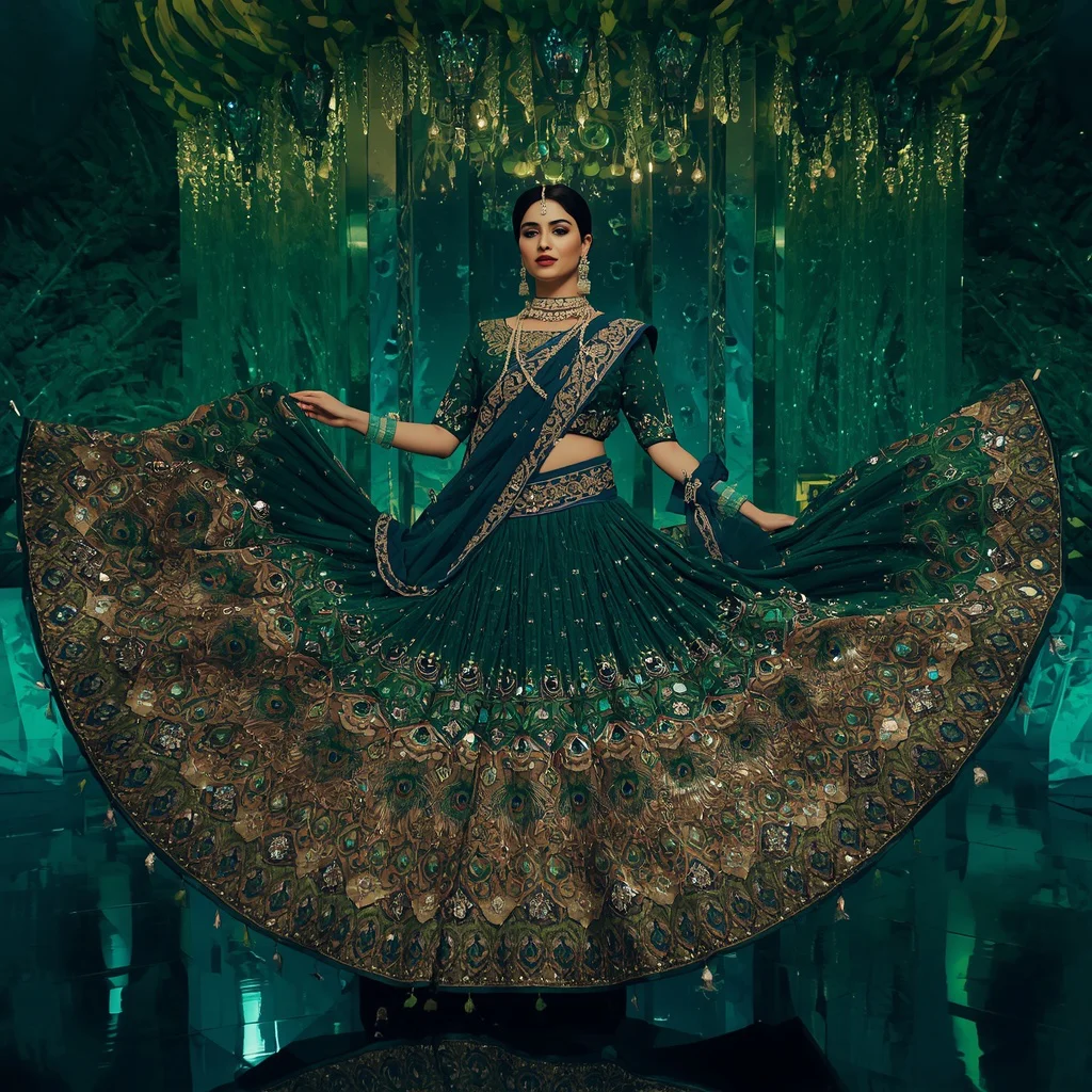 Emerald Peacock Royale Saree with Infinite Feather Crystal Cathedral | new ai prompt chatgpt - Glamorous Brocade Silk Saree AI Prompts for Opulent Celebrations AI Prompt