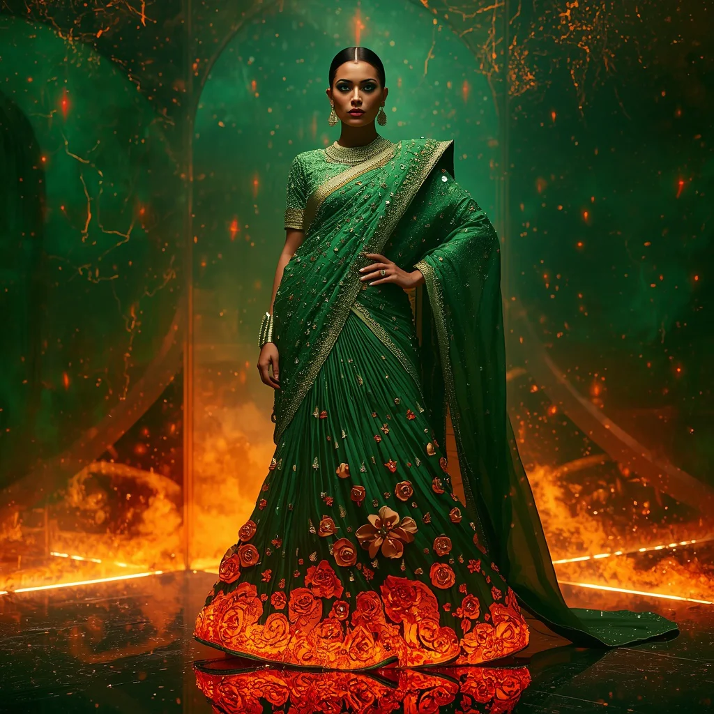 Emerald Volcano Queen Saree with Neon Ember Mirror Galaxy | prompt seen saree girl - New 10 Bollywood Glam Saree AI Prompts for Celebratory Indian Festive Wear Photography AI Prompt