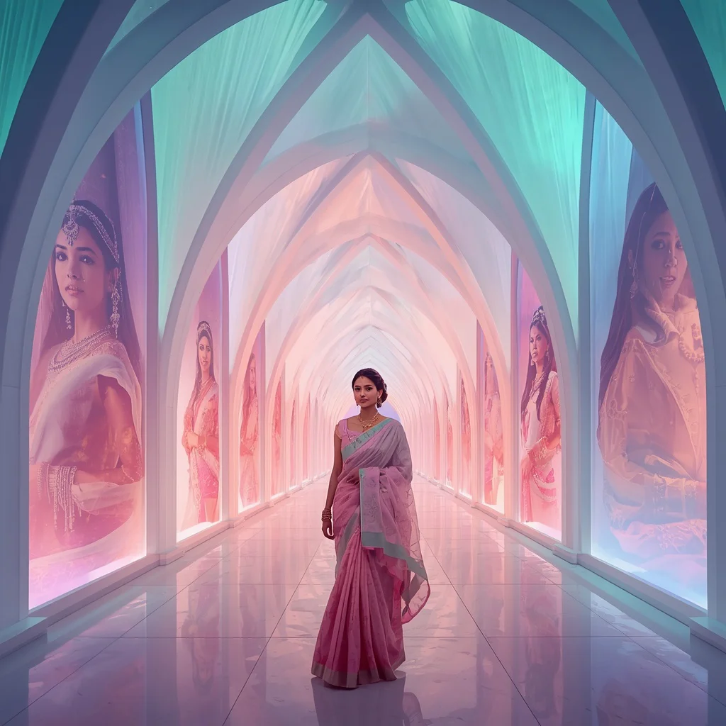 Festive Pastel Saree Aurora Cathedral Light Collage Luxury | new trending prompt chatgpt - Beautiful Girl's Traditional Saree AI Prompts for Festive Occasion Photography AI Prompt