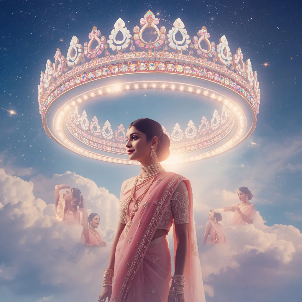 Festive Pastel Saree Celestial Crown Ringscape Collage Luxury Cinematic | traditional saree prompt for wedding in english - Traditional Mysore Silk Saree AI Image Prompts for Southern Charm AI Prompt