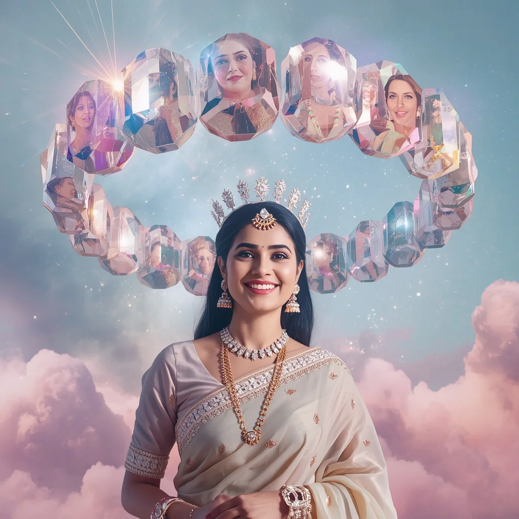 Festive Pastel Saree Celestial Crystal Galaxy Crown Collage Premium | indian bride saree ai prompt - Beautiful Girl's Traditional Saree AI Prompts for Festive Occasion Photography AI Prompt