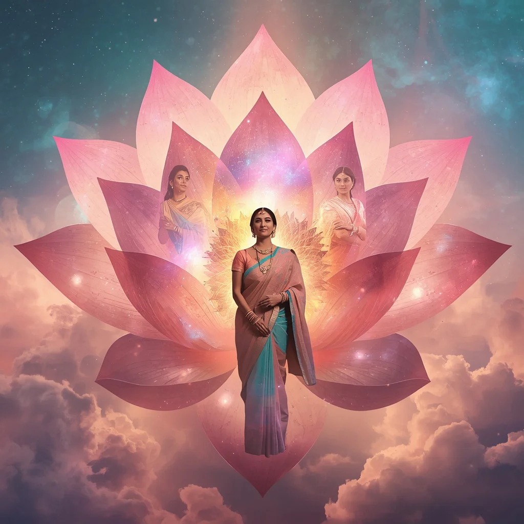 Festive Pastel Saree Celestial Lotus Nebula Collage Luxury | prompt seen girl saree ai photo editing - Beautiful Girl's Traditional Saree AI Prompts for Festive Occasion Photography AI Prompt