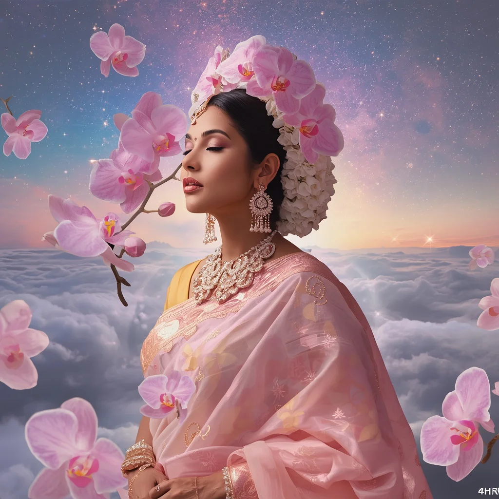 Festive Pastel Saree Celestial Orchid Crown Universe Collage Premium Fashion | retro style prompt for gemini girl in saree in hindi - Best 10 Elegant Saree AI Prompts for Modern Indian Women's Editorial Photoshoots in Urban Settings AI Prompt