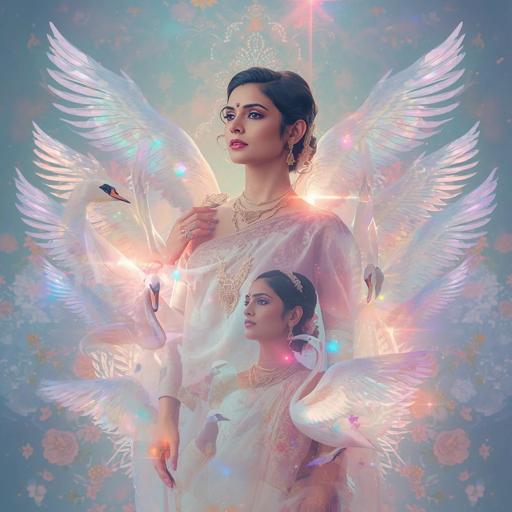 Festive Pastel Saree Crystal Swan Reflection Collage Premium | aesthetic saree ai prompt - Beautiful Girl's Traditional Saree AI Prompts for Festive Occasion Photography AI Prompt