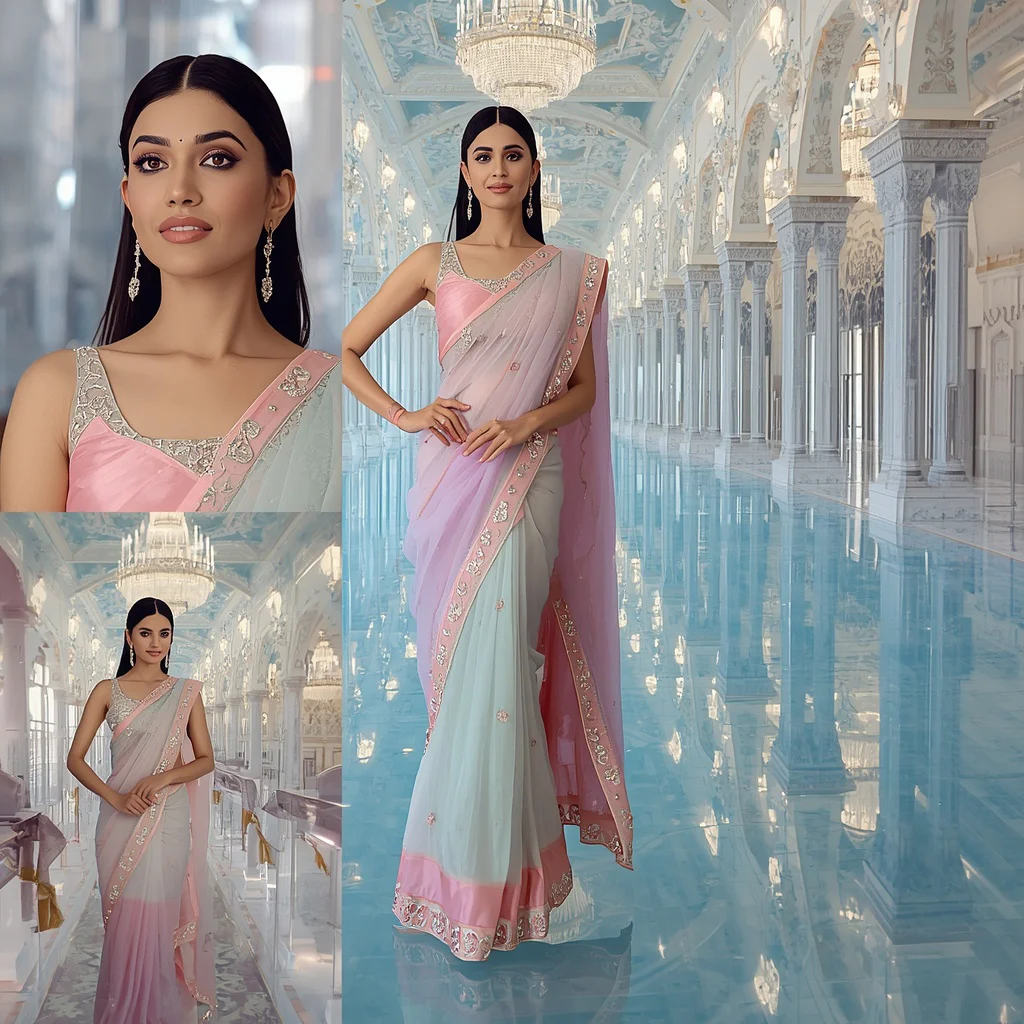 Festive Pastel Saree Crystal Water Palace Reflection Collage Couture Luxury | gemini girl photo prompt indian style - Top 10 Luxury Saree AI Image Prompts for Royal Indian Bridal Fashion Photography with Exquisite Details AI Prompt