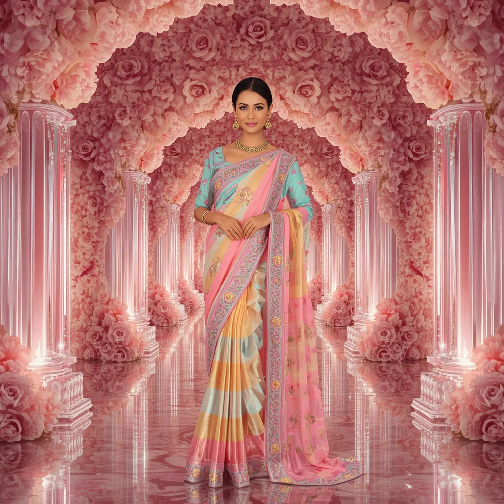 Festive Pastel Saree Eternal Aurora Rose Palace Collage Luxury Fashion | prompt for gemini ai girl - Best 10 Elegant Saree AI Prompts for Modern Indian Women's Editorial Photoshoots in Urban Settings AI Prompt