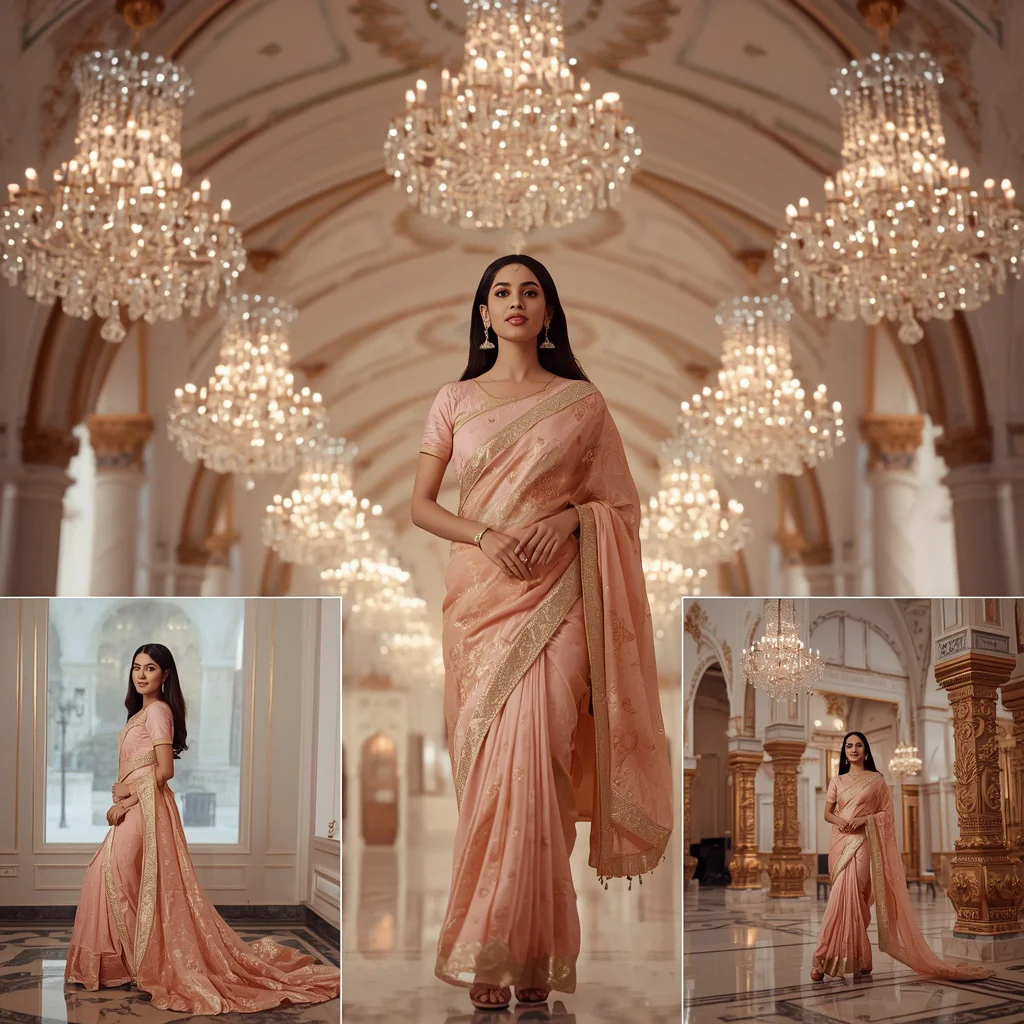 Festive Pastel Saree Floating Aurora Palace Chandeliers Collage Luxury Editorial | prompt trending girl - Top 10 Luxury Saree AI Image Prompts for Royal Indian Bridal Fashion Photography with Exquisite Details AI Prompt