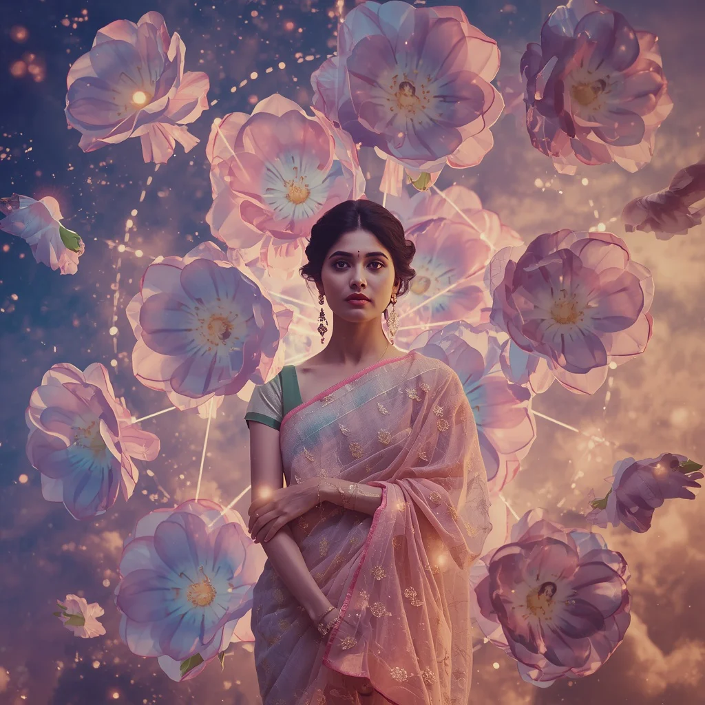 Festive Pastel Saree Floating Floral Constellation Collage Premium | trending saree prompt for girl - Beautiful Girl's Traditional Saree AI Prompts for Festive Occasion Photography AI Prompt