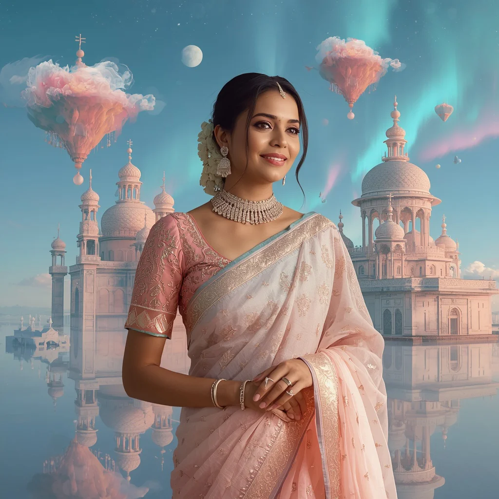 Festive Pastel Saree Floating Pearl Aurora Kingdom Collage Fantasy Luxury | best ai prompts free - Best 10 Elegant Saree AI Prompts for Modern Indian Women's Editorial Photoshoots in Urban Settings AI Prompt