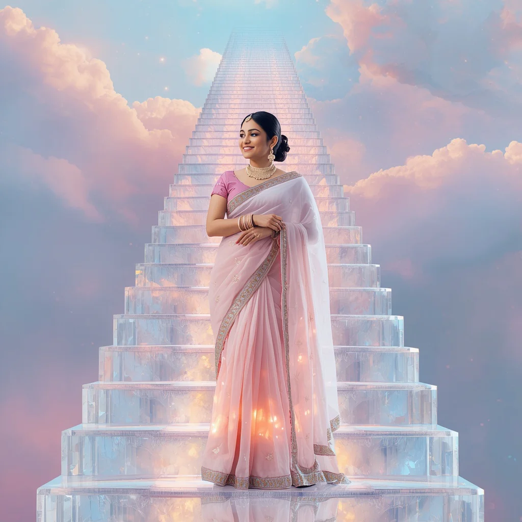 Festive Pastel Saree Infinite Crystal Stairway Collage Luxury | saree prompt for women in english - Beautiful Girl's Traditional Saree AI Prompts for Festive Occasion Photography AI Prompt