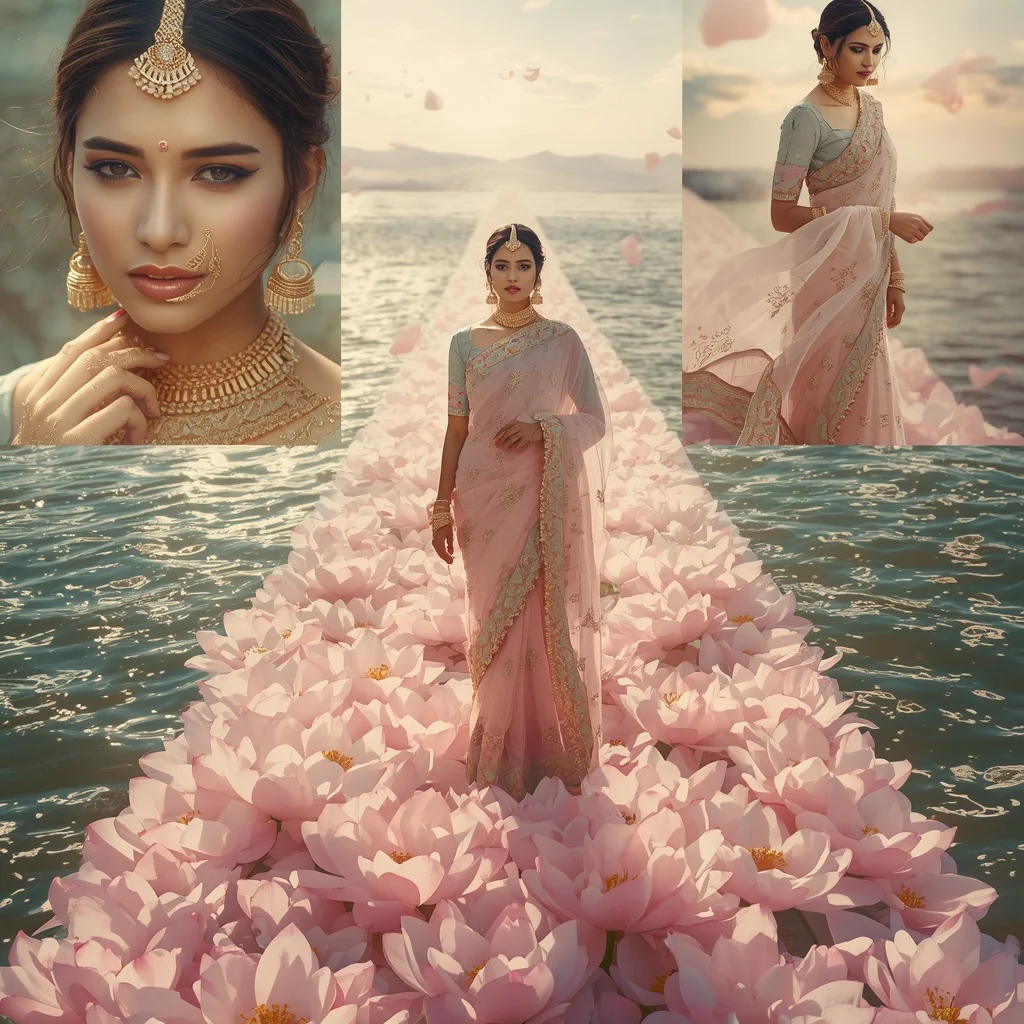 Festive Pastel Saree Infinite Diamond Lotus Bridge Collage Luxury Editorial | trending prompt in instagram - Best 10 Elegant Saree AI Prompts for Modern Indian Women's Editorial Photoshoots in Urban Settings AI Prompt