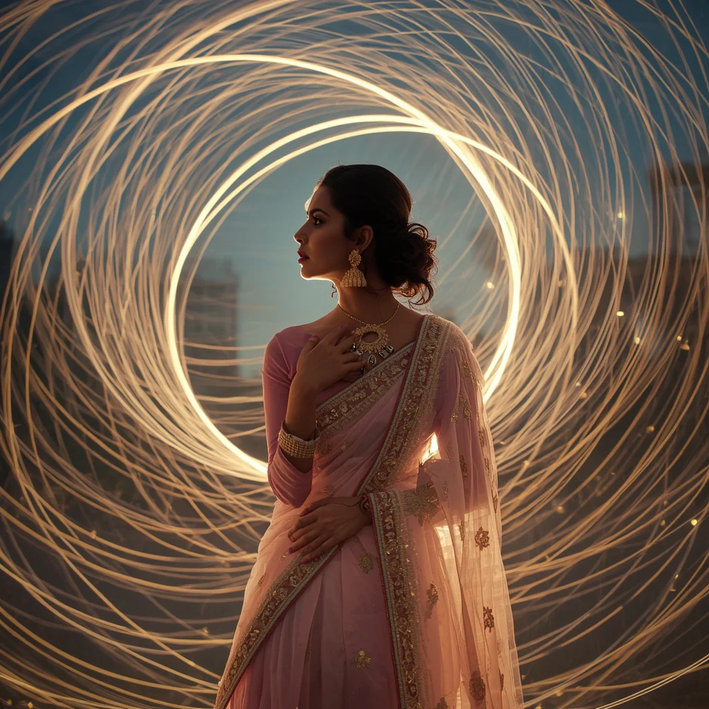 Festive Pastel Saree Infinite Light Orbit Trails Collage Premium Cinematic | new instagram trend prompt for girl - Beautiful Girl's Traditional Saree AI Prompts for Festive Occasion Photography AI Prompt