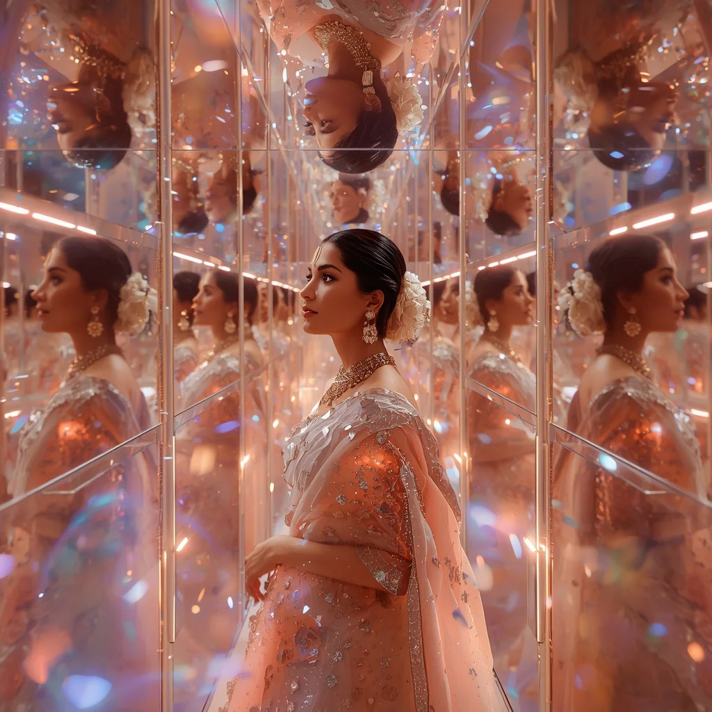 Festive Pastel Saree Infinity Mirror Bloom Collage Luxury Cinematic | saree prompt for women in english - Top 10 Luxury Saree AI Image Prompts for Royal Indian Bridal Fashion Photography with Exquisite Details AI Prompt