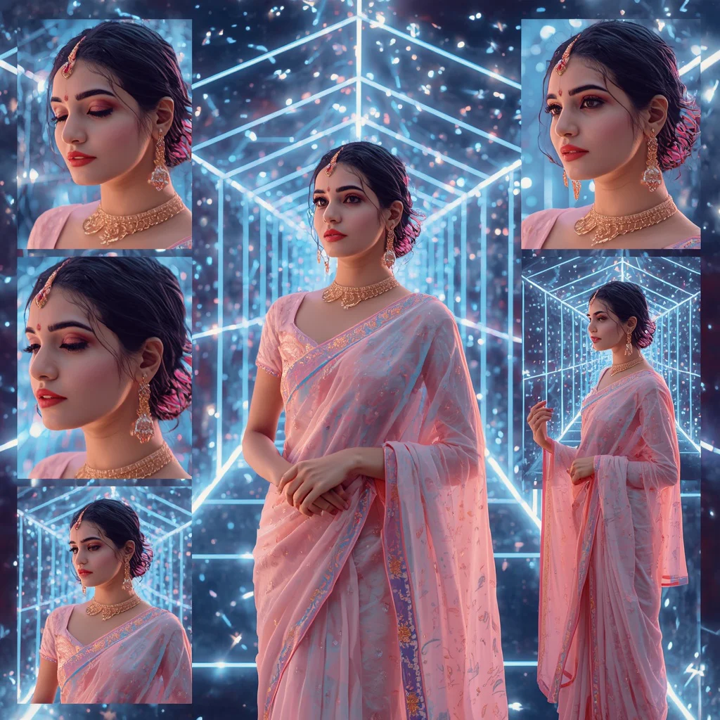 Festive Pastel Saree Neon Constellation Tunnel Collage Modern Cinematic | traditional prompt for gemini ai girl instagram - Top 10 Luxury Saree AI Image Prompts for Royal Indian Bridal Fashion Photography with Exquisite Details AI Prompt