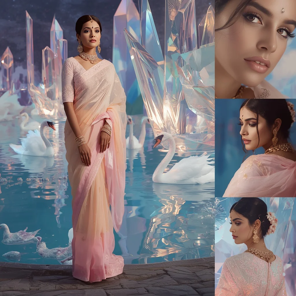 Festive Pastel Saree Prism Crystal Swan Lake Collage Premium Editorial | new prompt ai video - Best 10 Elegant Saree AI Prompts for Modern Indian Women's Editorial Photoshoots in Urban Settings AI Prompt