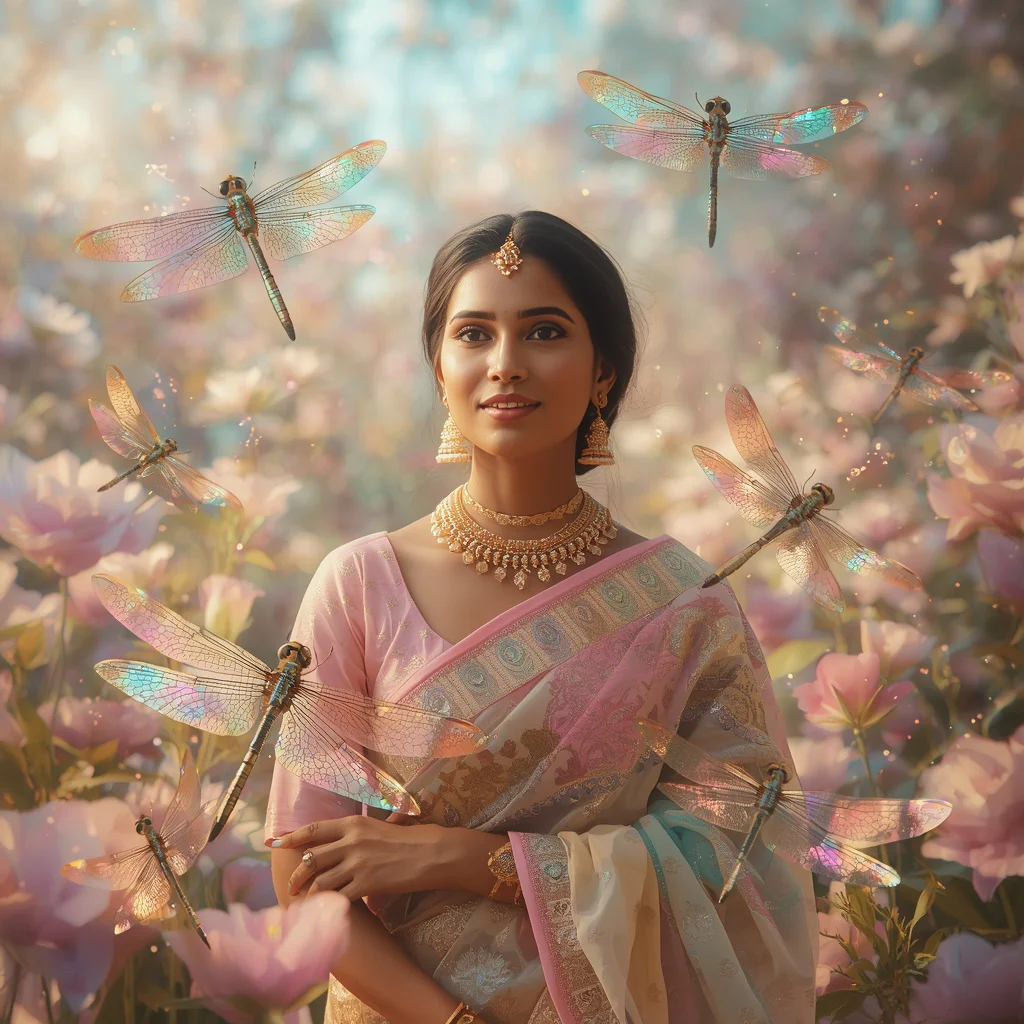 Festive Pastel Saree Prism Dragonfly Garden Collage Premium | traditional saree prompt for wedding - Beautiful Girl's Traditional Saree AI Prompts for Festive Occasion Photography AI Prompt