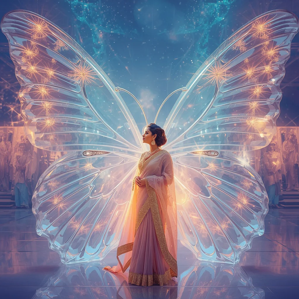 Festive Pastel Saree Royal Crystal Butterfly Cathedral Collage Premium Couture | gemini ai photo prompt trending 2026 - Best 10 Elegant Saree AI Prompts for Modern Indian Women's Editorial Photoshoots in Urban Settings AI Prompt
