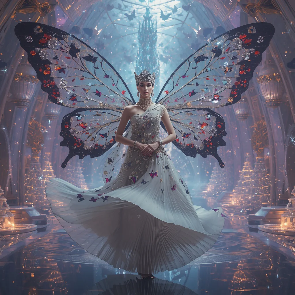 Floating Crystal Crown Butterfly Saree with Infinity Wing Palace | saree woman ai prompt - Professional Solid Saree AI Image Prompts for Executive Elegance AI Prompt