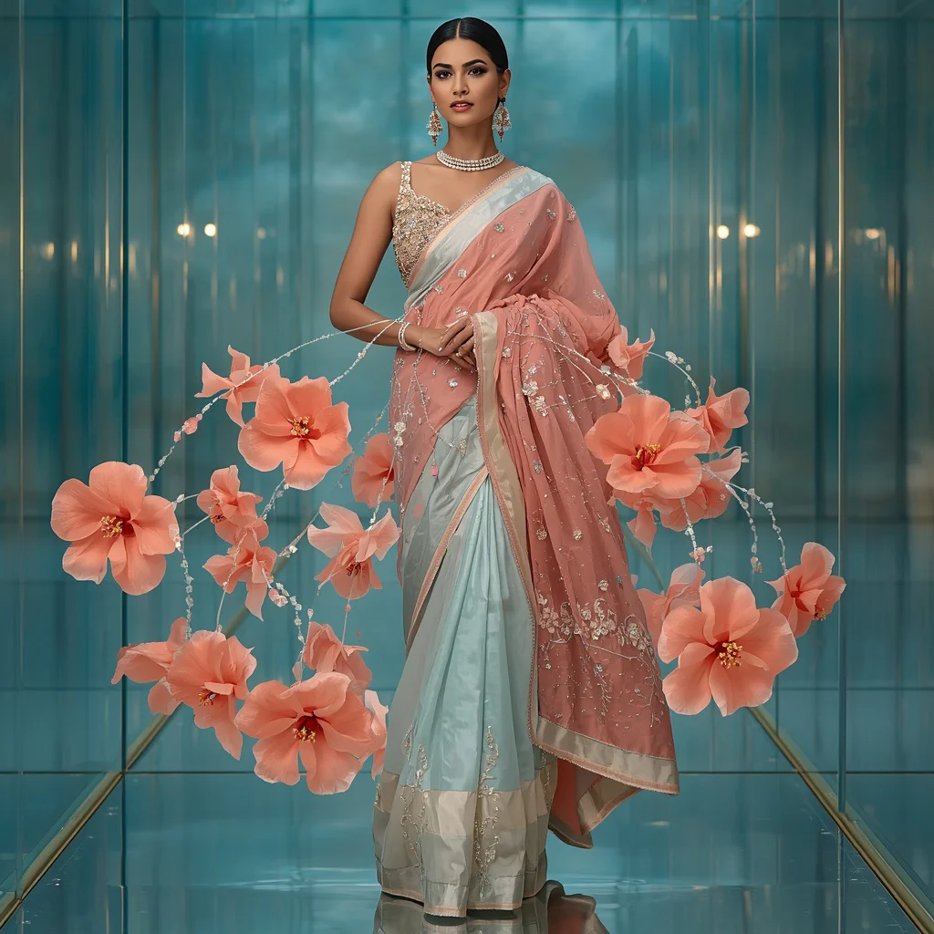 Floating Crystal Hibiscus Saree with Aqua Glass Palace | prompt perfect - Top 10 Charming Teen Saree AI Image Prompts for School Talent Shows AI Prompt