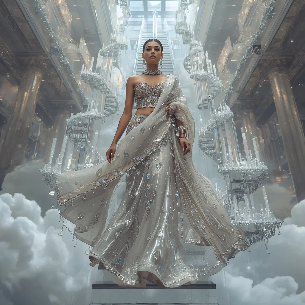 Floating Crystal Staircase Saree with Infinite Sky Palace Atrium | chatgpt photo editing prompts trending instagram download - Best 10 Serene Child Saree AI Prompts for Lakeside Meditation Photography AI Prompt