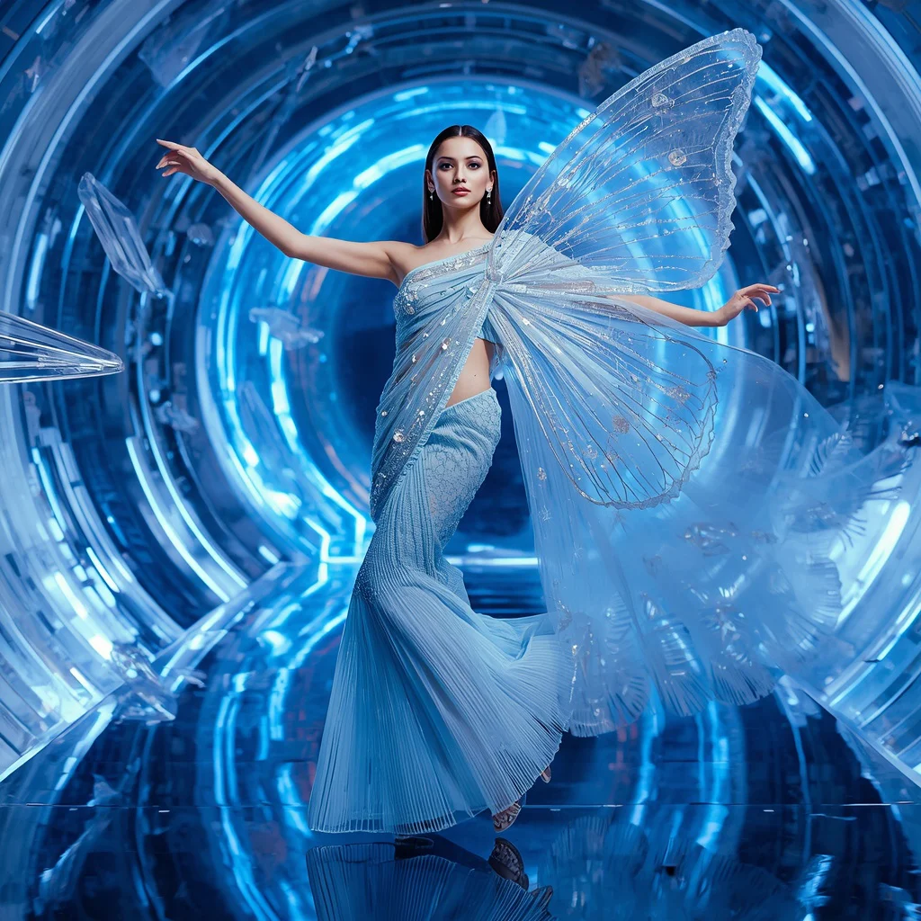 Frozen Butterfly Crystal Saree with Neon Ice Mirror Cosmos | prompts for saree look - New 10 Bollywood Glam Saree AI Prompts for Celebratory Indian Festive Wear Photography AI Prompt
