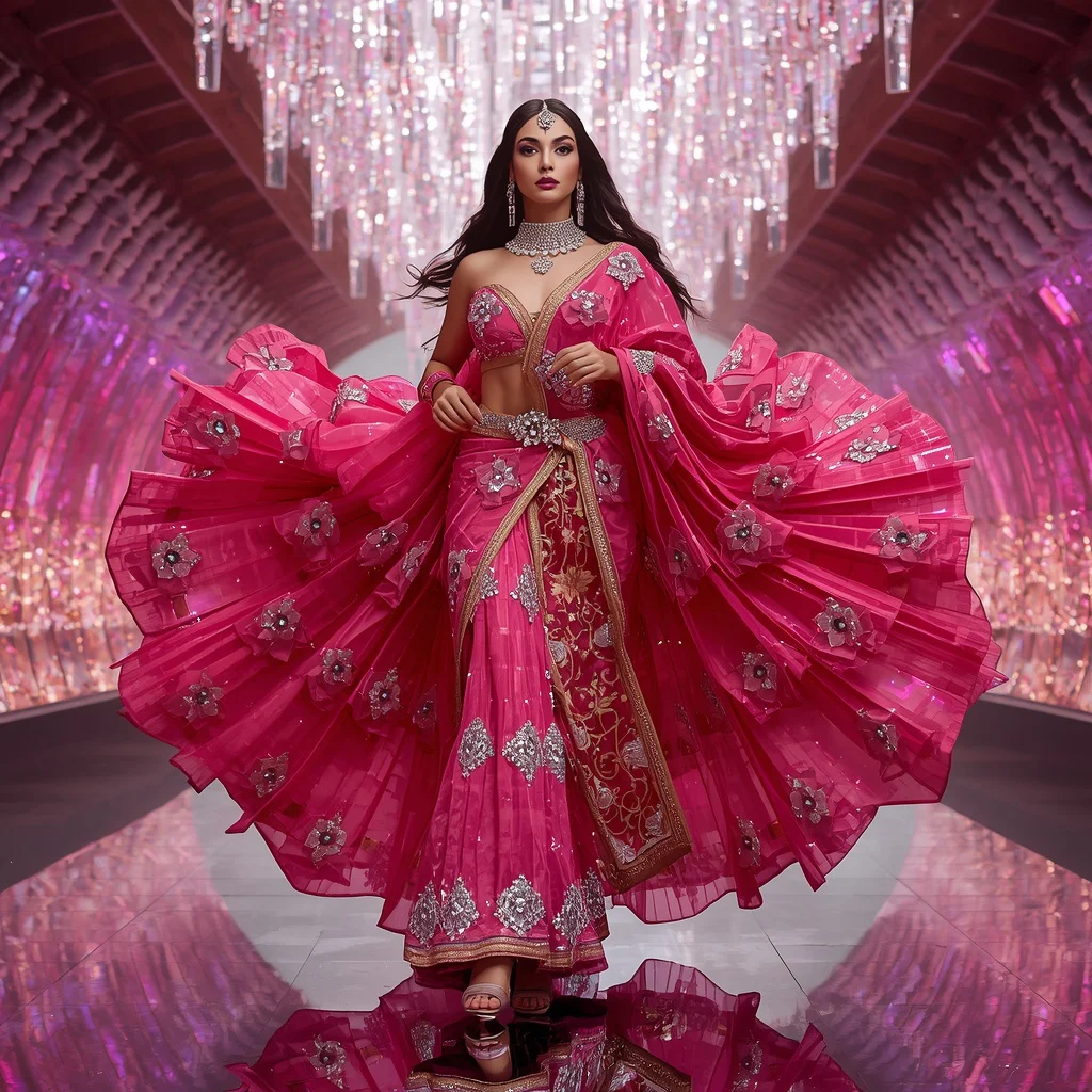 Fuchsia Blossom Crystal Fan Saree with Dreamlight Jewel Crown Hall | prompt for traditional look for girl - Top 10 Modern Teen Saree AI Prompts for Urban Street Photography AI Prompt